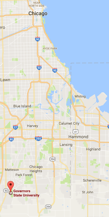 A map of the chicagoland area showing Governors State University's location. A map of the chicagoland area showing Governors State University's location.